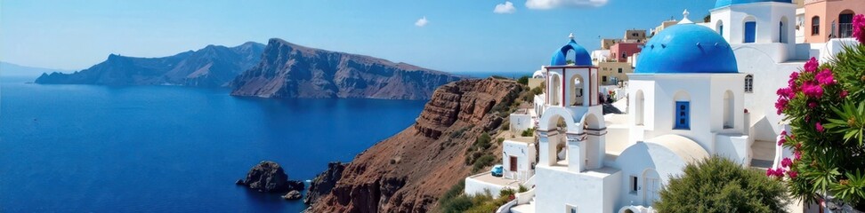 Whitewashed house with blue domes, surrounded by lush greenery and blue waters, Greece, architecture