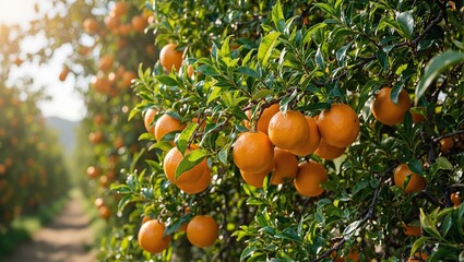 Fresh golden oranges on lush green trees in sunlight