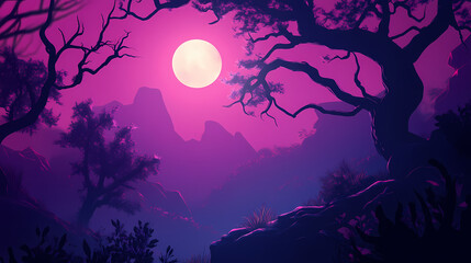 Mysterious deep plum forest misty foggy mountainside ancient twisted tree branches eerie moonlight ambiance whispers of forgotten secrets. Whispering. Illustration