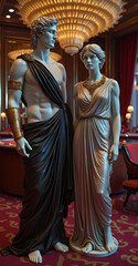 Fototapeta premium elegant Greek-style statues in a luxurious casino setting with rich decor, ideal for branding, advertising, or promoting events, suitable for banners, mockups, or luxury lifestyle concepts.