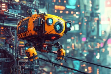 Cheerful Whimsical Robotic Crane Operator in Cartoon Style