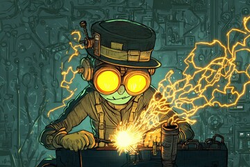 Cheerful Welder in a Cartoonish Style with Glowing Effects