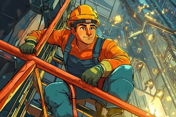 Cheerful Worker on Scaffold in Bright Cartoon Style