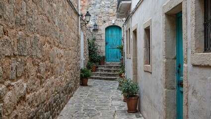 Fototapeta premium Charming alley with lanterns flowers turquoise door