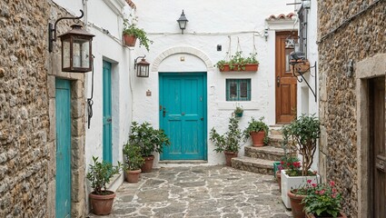 Naklejka premium Charming alley with lanterns flowers turquoise door