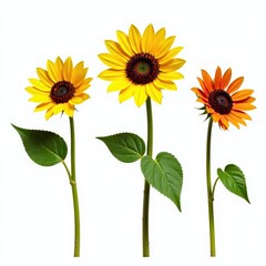 Obraz premium Three sunflower stems with flowers and leaves isolated on white background, green, yellow