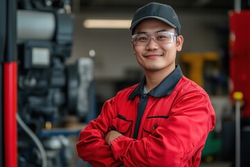 A confident young auto mechanic man in a red work uniform and safety glasses stands with arms crossed in a workshop environment, showcasing a friendly smile.