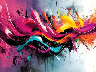 This striking image features a vibrant abstract graffiti with dynamic splashes and scribbles,...