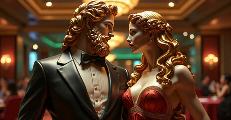 Elegant statues of a man and woman in formal attire, sharing an intimate gaze in a luxury casino setting, symbolizing romance, exclusivity, and premium branding.