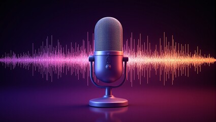 Vibrant neon microphone with dynamic sound waves