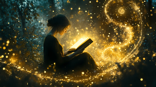 Enchanting night scene of a woman reading a glowing book amid magical swirling lights in a mystical forest setting. Whispering. Illustration