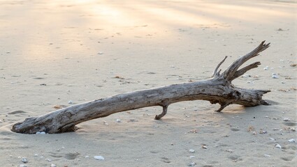 Tranquil driftwood branch on sandy beach at dusk