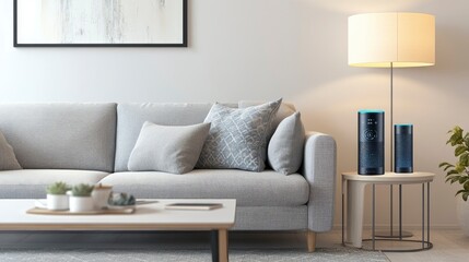 Fototapeta premium simple, futuristic smart home living room with minimal decor. A sleek sofa sits against a clean wall, and a digital assistant screen displays an intuitive interface.