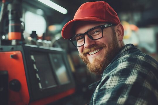 A smiling CNC machine operator man with a beard and glasses wearing a red cap and plaid shirt, sitting in a workshop with machinery in the background.