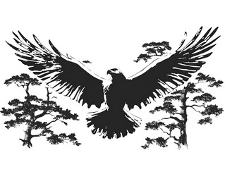 Majestic Eagle Soaring Above Ancient Pine Trees
