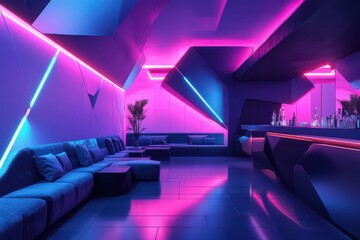 Futuristic Lounge with Neon Lighting and Geometric Design