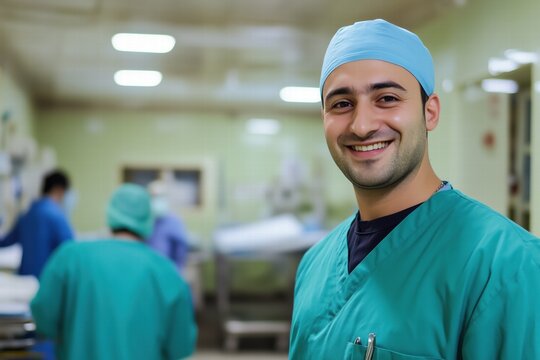 A smiling surgeon in green scrubs and a blue cap stands in a hospital operating room with colleagues in the background.