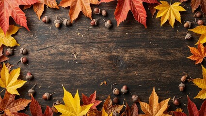 Obraz premium Autumn maple leaves and acorns on dark wood