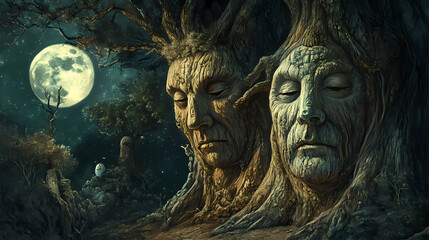 Fototapeta premium Ancient trees, carved faces, moonlight, mystical forest whispers secrets. mystical. illustration. Whispering. Illustration