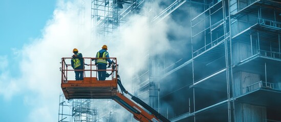Two construction workers on a lift platform inspecting a building with smoke coming out of it.