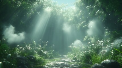 Fototapeta premium Sunbeams Illuminate Misty Forest Path With White Flowers