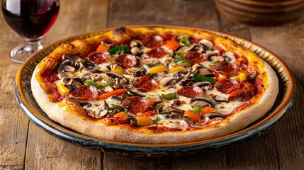 pizza on a colorful, rustic ceramic plate with a glass of red wine beside it. The pizza should be topped with classic ingredients like pepperoni, mushrooms, and bell peppers. World Pizza Day.
