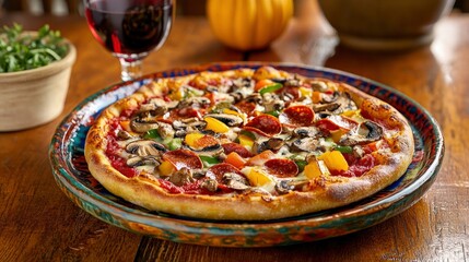pizza on a colorful, rustic ceramic plate with a glass of red wine beside it. The pizza should be topped with classic ingredients like pepperoni, mushrooms, and bell peppers. World Pizza Day.