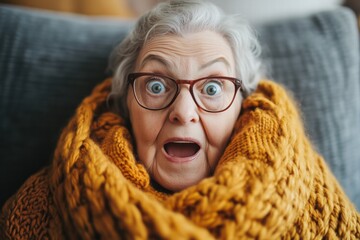 An elderly woman with glasses and a surprised expression, wearing a cozy, oversized orange scarf. She is sitting on a couch, showcasing her joyful reaction. Grandfather depicts to be surprised.