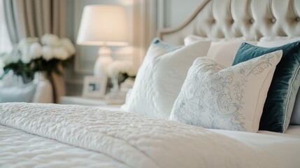 Serene Bedroom Interior Design: Luxurious Bedding and Pillows