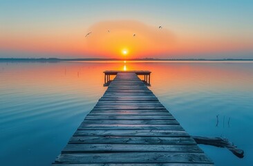 Fototapeta premium Wooden Dock Extending into Calm Sunset Lake