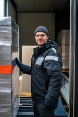A young loader man in a black jacket and beanie stands beside a stack of pallets in a warehouse. He smiles confidently, showcasing a friendly demeanor. 