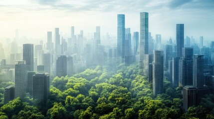 Obraz premium A city skyline surrounded by lush greenery, showcasing urban nature integration.