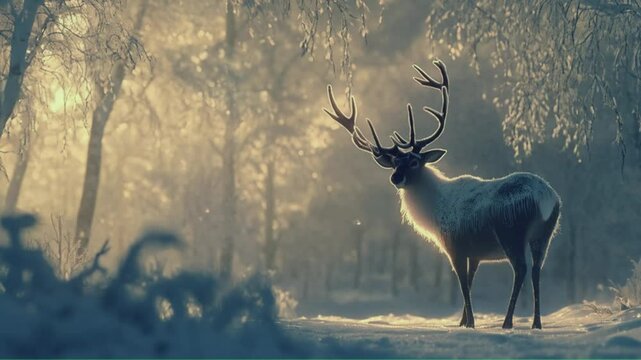 Seamless looping 4k time-lapse animation video background. Reindeer illuminated by golden light in frosty enchanted forest
