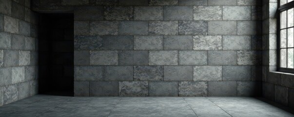 Massive, sooty cinder block wall; deeply shadowed recesses , concrete, exterior, retro