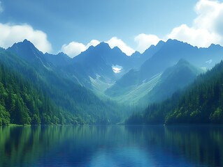 Fototapeta premium Serene Mountain Lake Enveloped by Verdant Forests
