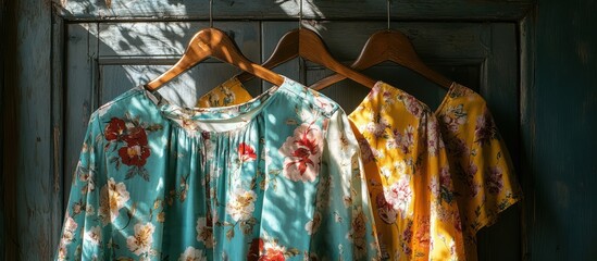 Floral blouses hanging on wooden hangers in sunlight.