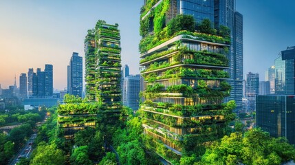 Obraz premium A futuristic cityscape featuring green, eco-friendly skyscrapers surrounded by lush vegetation.