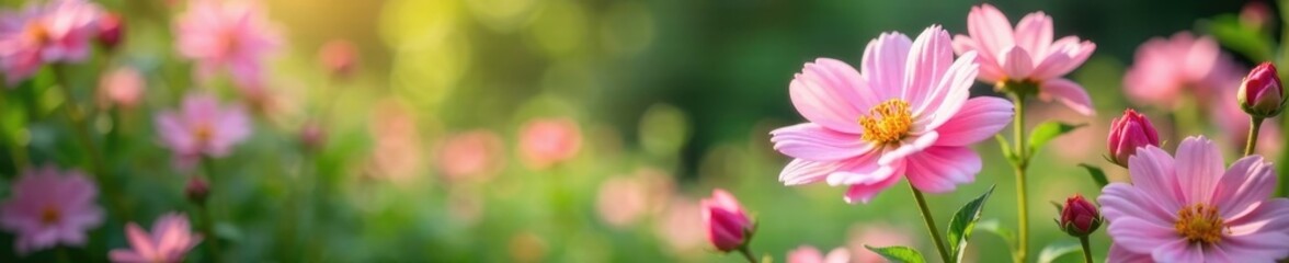 Obraz premium Pastel pink flowers blooming in a lush garden, flora, pastel pink