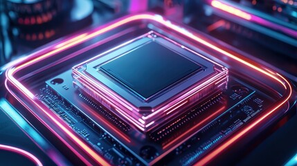 Obraz premium Business trends globalization innovation concept. A modern microchip illuminated with vibrant neon lights, showcasing intricate circuitry and technological sophistication.