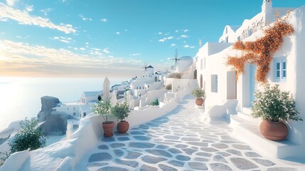 Fototapeta premium Scenic Whitewashed Village in Santorini, Greece: A Picturesque Sunset View