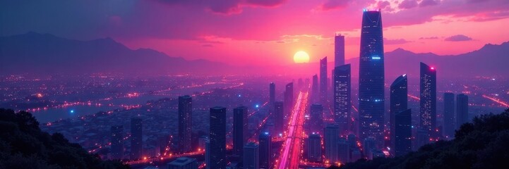 Obraz premium Futuristic cityscape with towering skyscrapers and neon lights at dusk , architecture, urbanization, nightlife