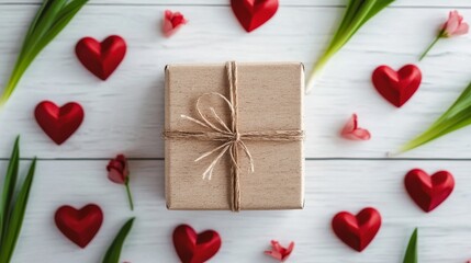 Valentine Gift Box Surrounded by Red Hearts Cozy Indoor Setting Romantic Decor Aesthetic Top-Down View