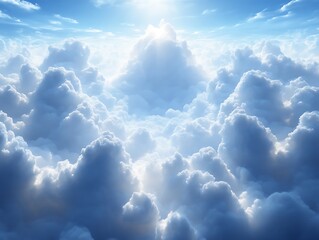 Naklejka premium Heavenly Cloudscape Bright Sun Above Fluffy Clouds