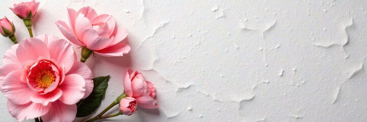 Fototapeta premium Delicate pastel blooms arranged on textured paper backdrop, light and airy, background