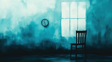 landscape representation of Blue Monday, with a clock showing an early morning time and an empty chair placed in front of a foggy window. The background should be a wash of cool blues.