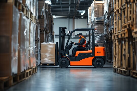 A forklift operator maneuvering through a warehouse filled with stacked pallets. The operator is focused on handling a load, showcasing a busy industrial environment.