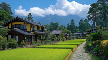 Naklejka premium Tranquil Japanese Village Rice Paddies Mountain View