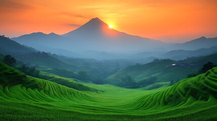 Fototapeta premium Sunrise Over Lush Green Rice Terraces and Mountains