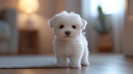 Adorable White Maltese Puppy Standing on a Rug