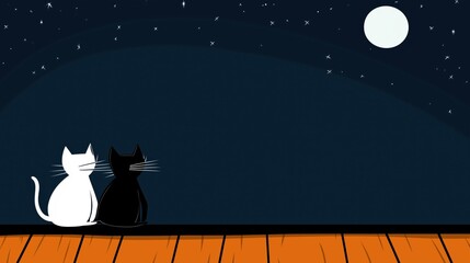 Illustration of a black and white cat sitting on a roof under a starry sky with a full moon